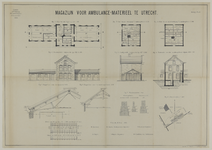 217620 Plattegronden, aanzichten, doorsneden, details en situatie van het magazijn voor ambulancematerieel van het ...